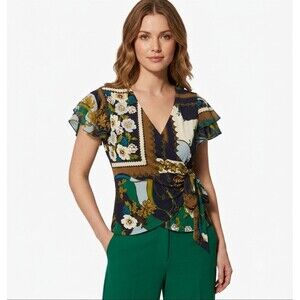 New York & Company 7th Avenue Women's Green Multi Ruffle Wrap Top Large NWT